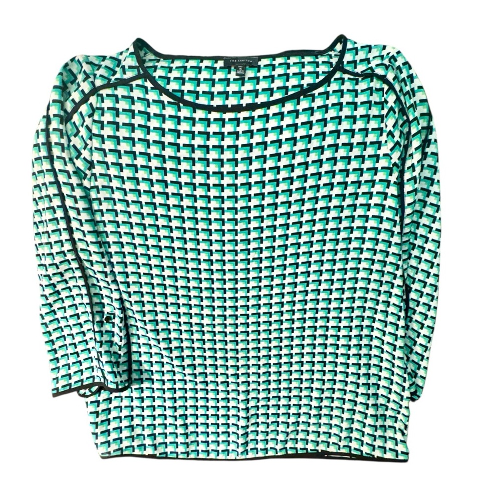 The Limited Geometric Roll Sleeve Blouse Women's Tall XL Green/Black/White EUC